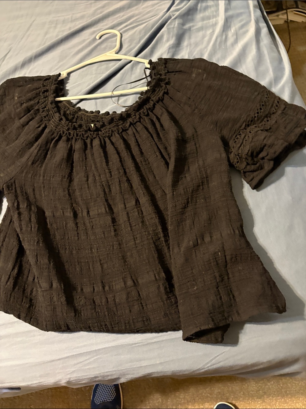 Max Studio Black Smocked Neck Flutter Sleeve Blouse with crochet sleeves. Pretty - Picture 9 of 9